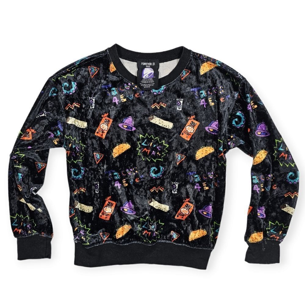 Forever 21 Taco Bell Velvet Black Long Sleeve Pullover Sweater Girl's Size‎ 7/8